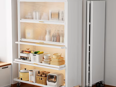 Modern White Kitchen Storage Cabinet With Multiple Shelves And Organized Appliances 3d model