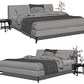 Modern Gray Upholstered Double Bed With Checkered Pillows Throw Blanket Side Table Dried Flowers 3d model