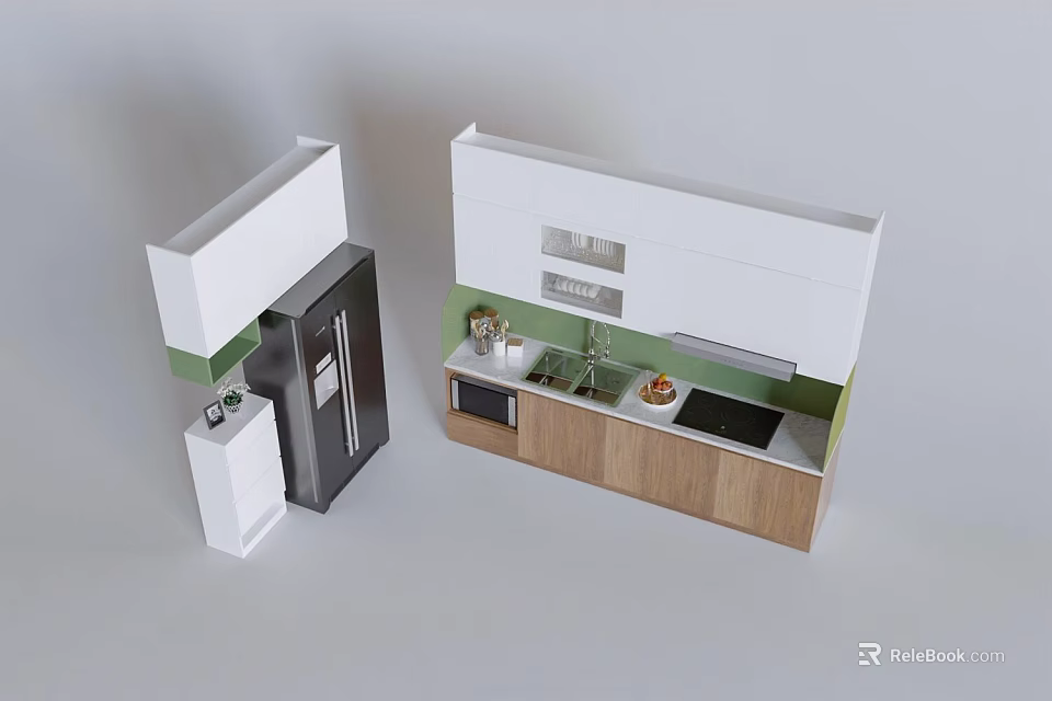 Modern Kitchen Interior With Wooden Cabinets Refrigerator Microwave Sink And Stove 3d model 