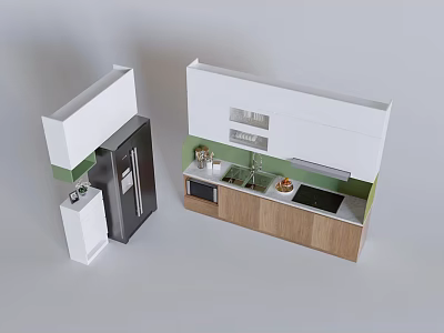 Modern Kitchen Interior With Wooden Cabinets Refrigerator Microwave Sink And Stove 3d model