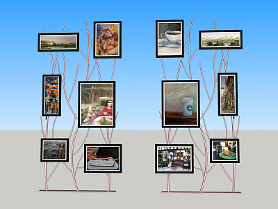 Photo Wall With Multiple Photo Frames In Branch Like Arrangement And Blue Sky Background 3d model