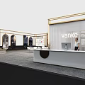 Vanke Golden Frame Exhibition Booth With Display Areas Reception Desk And Modern Interior