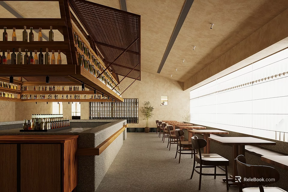 Modern Restaurant Interior Featuring Bar Counter Dining Tables Wooden Elements And Large Windows 3d model 