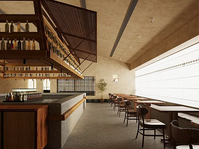 Modern Restaurant Interior Featuring Bar Counter Dining Tables Wooden Elements And Large Windows 3d model