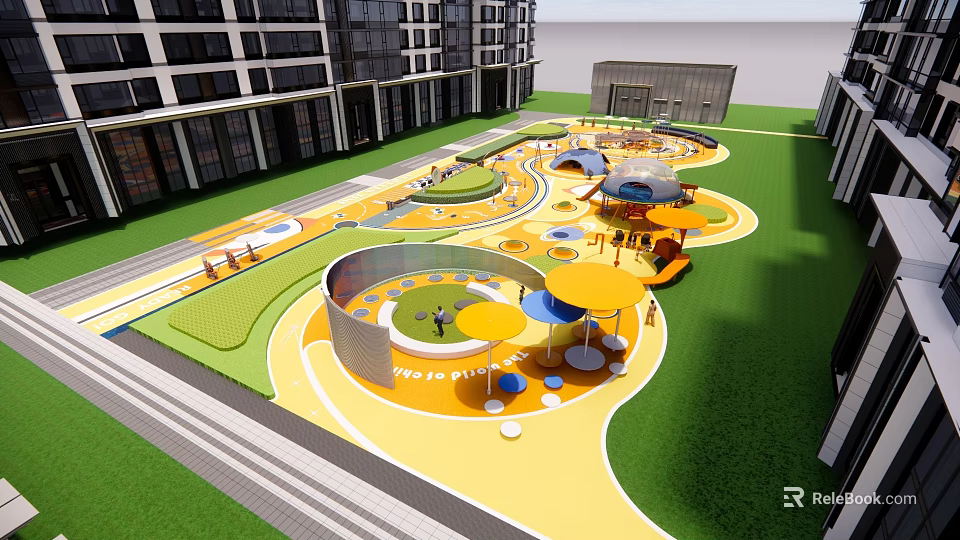 Modern Children's Play Area With Colorful Ground Slides Umbrellas And Green Lawn 3d model 