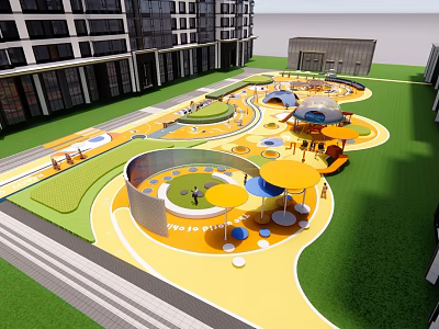 Modern Children's Play Area With Colorful Ground Slides Umbrellas And Green Lawn 3d model