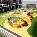 Modern Children's Play Area With Colorful Ground Slides Umbrellas And Green Lawn