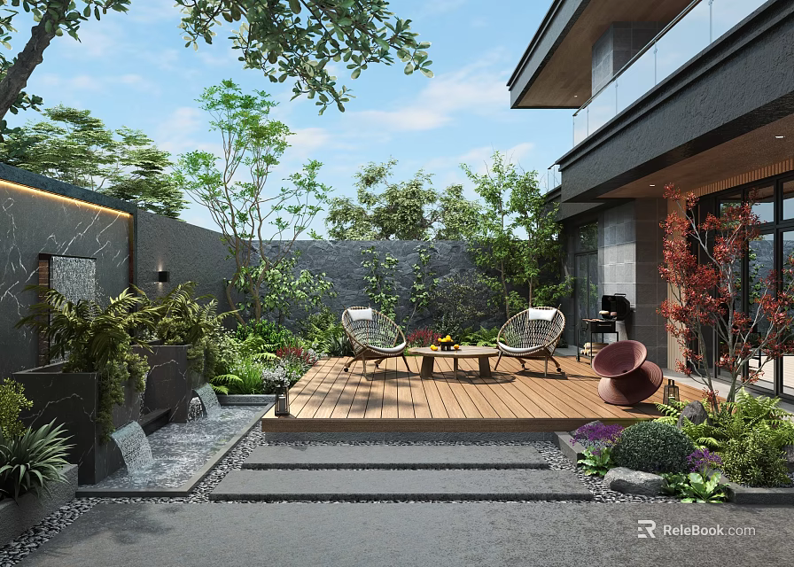 Modern Courtyard Garden With Wooden Deck Outdoor Chairs Water Feature Lush Plants And Surrounding Trees 3d model 