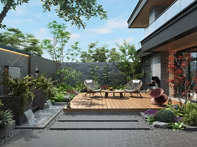 Modern Courtyard Garden With Wooden Deck Outdoor Chairs Water Feature Lush Plants And Surrounding Trees 3d model