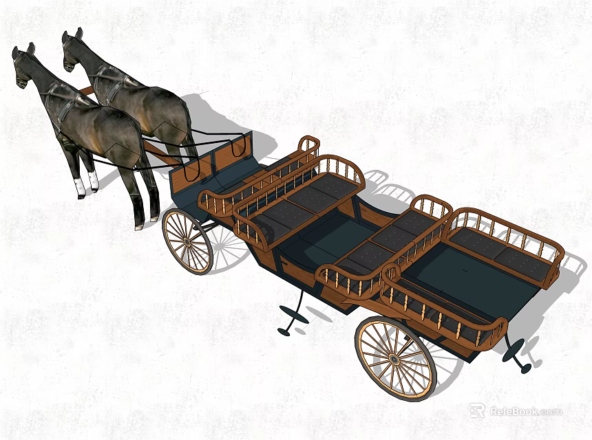 Two Horses Pulling Traditional Horse-Drawn Carriage With Wooden Frame Seats And Large Wheels 3d model 