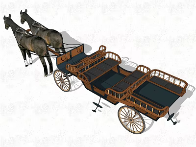 Two Horses Pulling Traditional Horse-Drawn Carriage With Wooden Frame Seats And Large Wheels 3d model