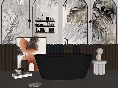 Black Freestanding Bathtub In Modern Bathroom With Tropical Leaf Wall Decor White Stool And Toiletries 3d model