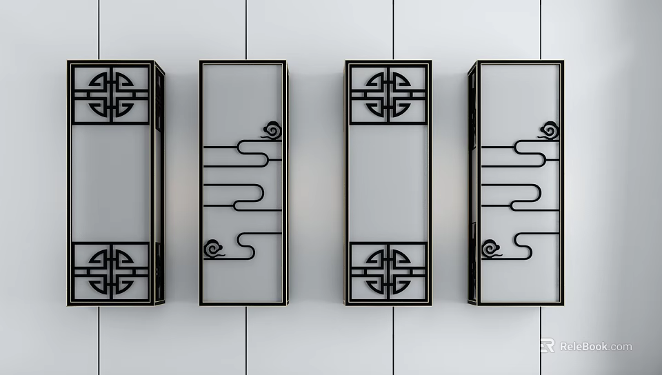 Modern Chinese Style Wall Lamps with Geometric Line Designs Black Frames and Transparent Panels 3d model 