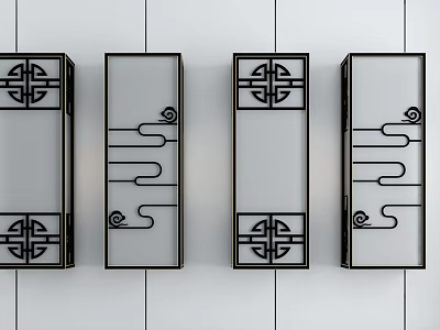 Modern Chinese Style Wall Lamps with Geometric Line Designs Black Frames and Transparent Panels 3d model