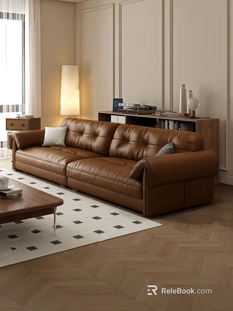 Brown Leather Multi Seater Sofa In Living Room With Coffee Table And Diamond Pattern Rug 3d model 