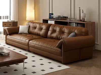 Brown Leather Multi Seater Sofa In Living Room With Coffee Table And Diamond Pattern Rug 3d model