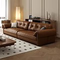 Brown Leather Multi Seater Sofa In Living Room With Coffee Table And Diamond Pattern Rug