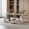 Modern Tea Table And Chairs With Marble Top Leather Chair And Square Stools