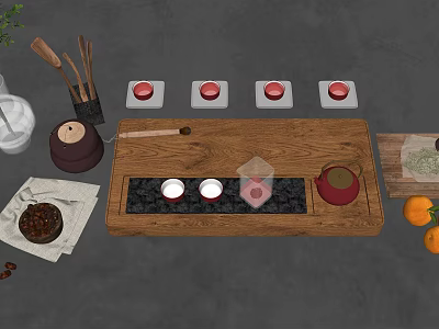 Traditional Tea Set On Wooden Tray With Red Cups White Teacups And Herbs Oranges 3d model