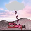 Pink Bed With Pink Ladder Reaching White Cloud In Pink Meadow Sky