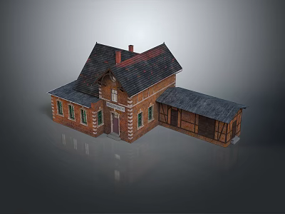 Red Brick House Model With Black Roof Chimney Wooden Extension And Windows 3d model