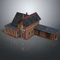 Red Brick House Model With Black Roof Chimney Wooden Extension And Windows