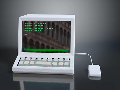 White Laptop With Screen Displaying Green Data And Connected White Mouse 3d model