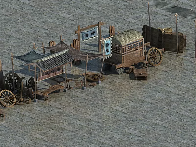 Antique Wooden Horse Carriage with Canvas Top and Wheels near Market Stalls on Stone Ground 3d model