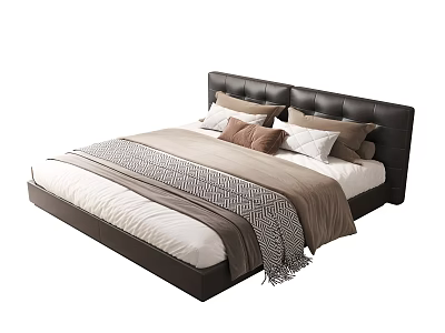 Modern Double Bed With Leather Headboard Multiple Brown White Beige Pillows And Throw Blanket 3d model
