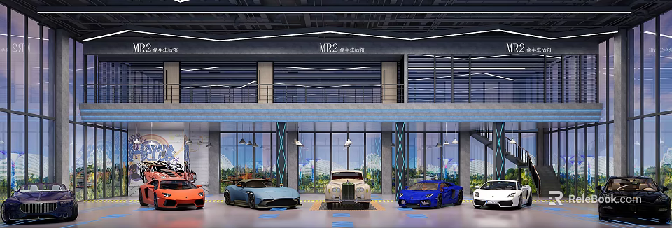 Modern Luxury Car Showroom With Glass Facade And Displayed Premium Vehicles 3d model 