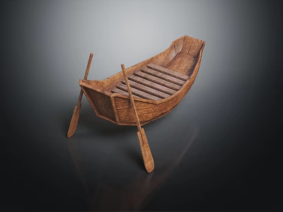Traditional Handmade Wooden Rowing Boat With Oars And Slatted Wooden Seats 3d model