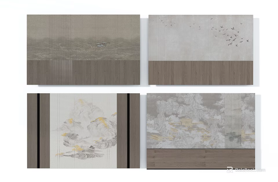 Chinese Style Background Wall with Mountain Landscape Flying Birds Fish Wooden Frame and Neutral Tones 3d model 