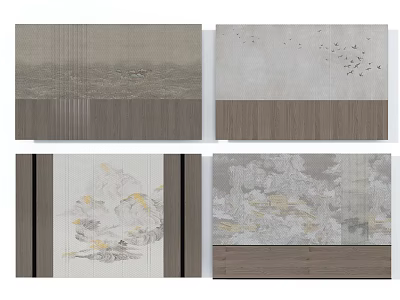 Chinese Style Background Wall with Mountain Landscape Flying Birds Fish Wooden Frame and Neutral Tones 3d model