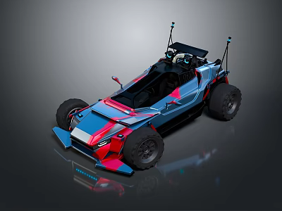 Open Top Blue Pink Race Car With Large Wheels Roll Cage And Antennas 3d model