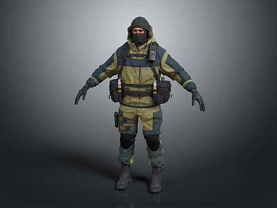 Tactical Operative in Green Brown Uniform With Hooded Mask And Tactical Gear Standing Pose 3d model