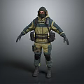 Tactical Operative in Green Brown Uniform With Hooded Mask And Tactical Gear Standing Pose