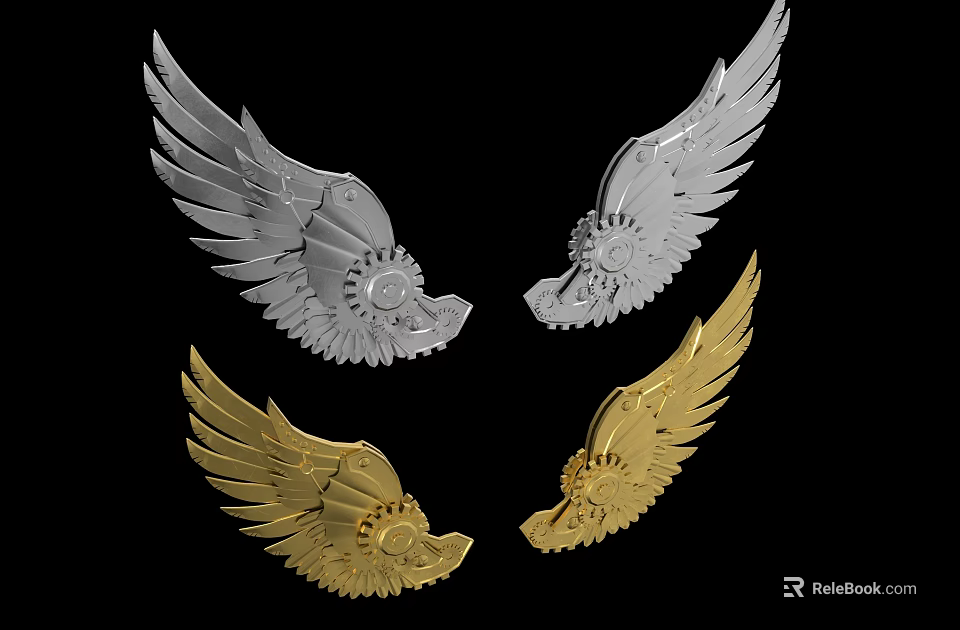Wing Shaped Metallic Decorative Accessories in Silver and Gold Ornate Design 3d model 