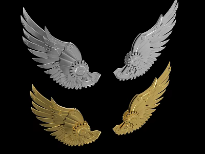 Wing Shaped Metallic Decorative Accessories in Silver and Gold Ornate Design 3d model
