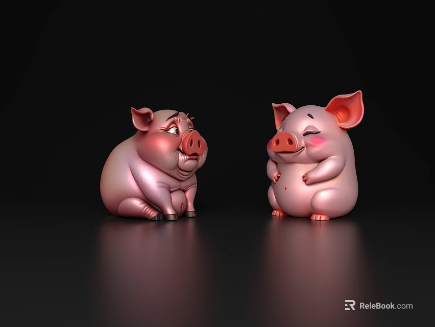 Cute Pink Piglet Dolls Sitting On Black Background With Reflection 3d model