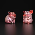 Cute Pink Piglet Dolls Sitting On Black Background With Reflection 3d model