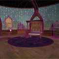 Enchanted Architectural Interior With Circular Wooden Floor Blue Starry Dome Wooden Four Poster Bed And Decorative Elements