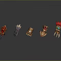 Unique Game Weapons With Decorative Spiked Red Golden Gemstone And Claw Designs