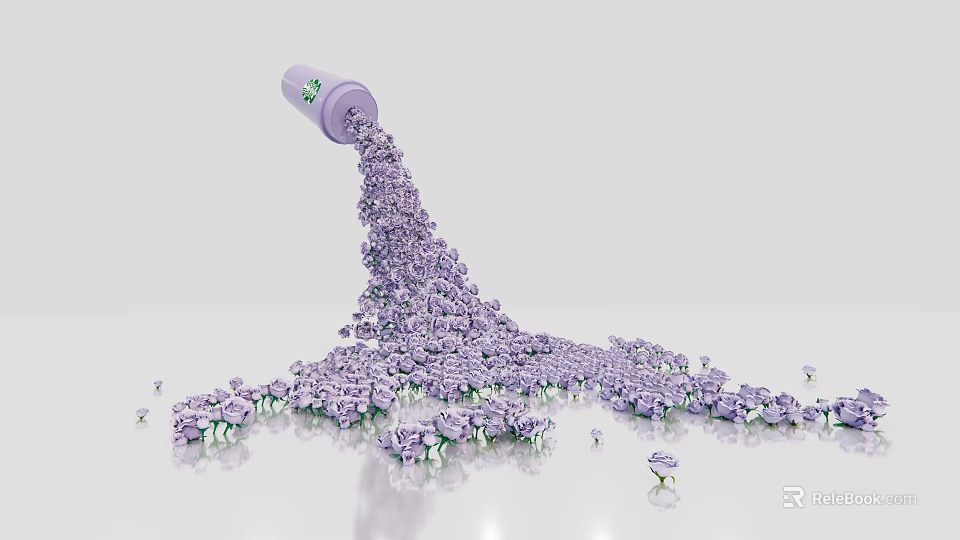 Floral Installation With Purple Bottle Green Accents Pouring Flowing Purple Flowers On White Background 3d model 