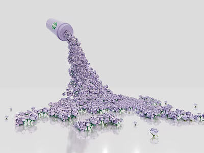 Floral Installation With Purple Bottle Green Accents Pouring Flowing Purple Flowers On White Background 3d model