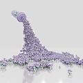 Floral Installation With Purple Bottle Green Accents Pouring Flowing Purple Flowers On White Background