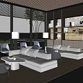 Modern Spacious Sales Office Interior With Large Windows Greenery Sofas Chairs And Bookshelves