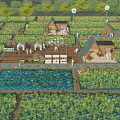Rural Landscape With Organized Farmland Lily Pond Wooden Cottages Tents And Green Trees