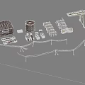 Industrial Area with Warehouse Oil Tank Storage Tanks Railway Wagons Crane and Power Poles