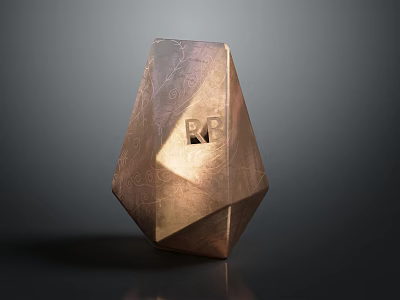 Decorative Metallic Polyhedral Sculpture With Carved Patterns Hollowed Square And RF Lettering 3d model