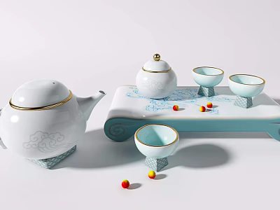 Elegant White Ceramic Tea Set With Teapot Teacups Tray Gold Accents And Decorative Beads 3d model